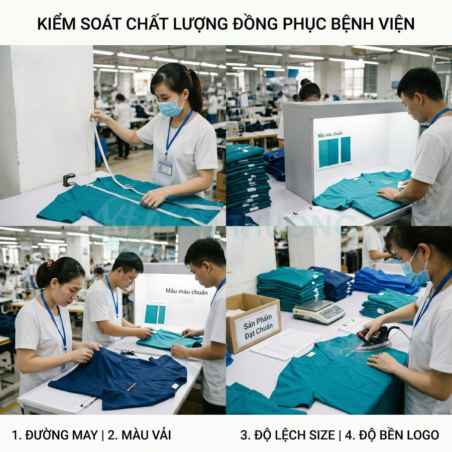 Nhân viên kiểm soát chất lượng đồng phục bệnh viện màu xanh trong xưởng may