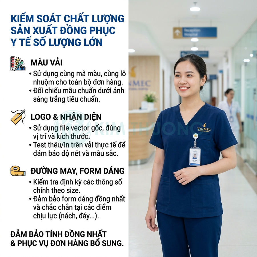 Nữ nhân viên y tế Vinmec mặc đồng phục y tế màu xanh navy đứng trong hành lang bệnh viện