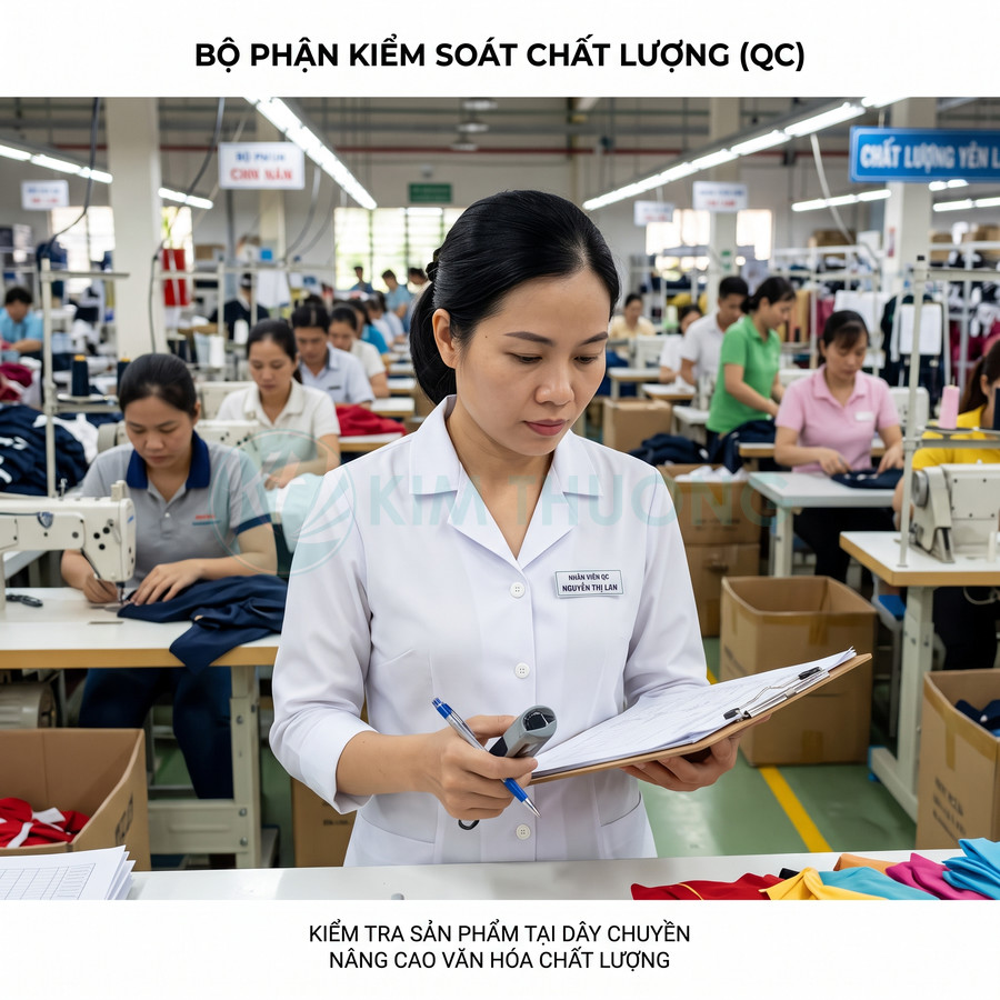 Nhân viên QC kiểm tra chất lượng sản phẩm may mặc trên dây chuyền sản xuất trong nhà máy