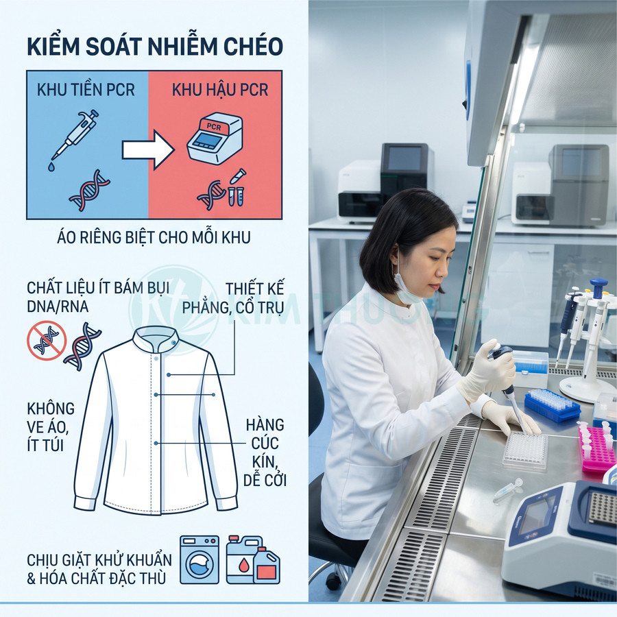 Nhân viên xét nghiệm mặc áo blouse trắng thao tác PCR trong phòng thí nghiệm, bảng hướng dẫn kiểm soát nhiễm chéo bên cạnh
