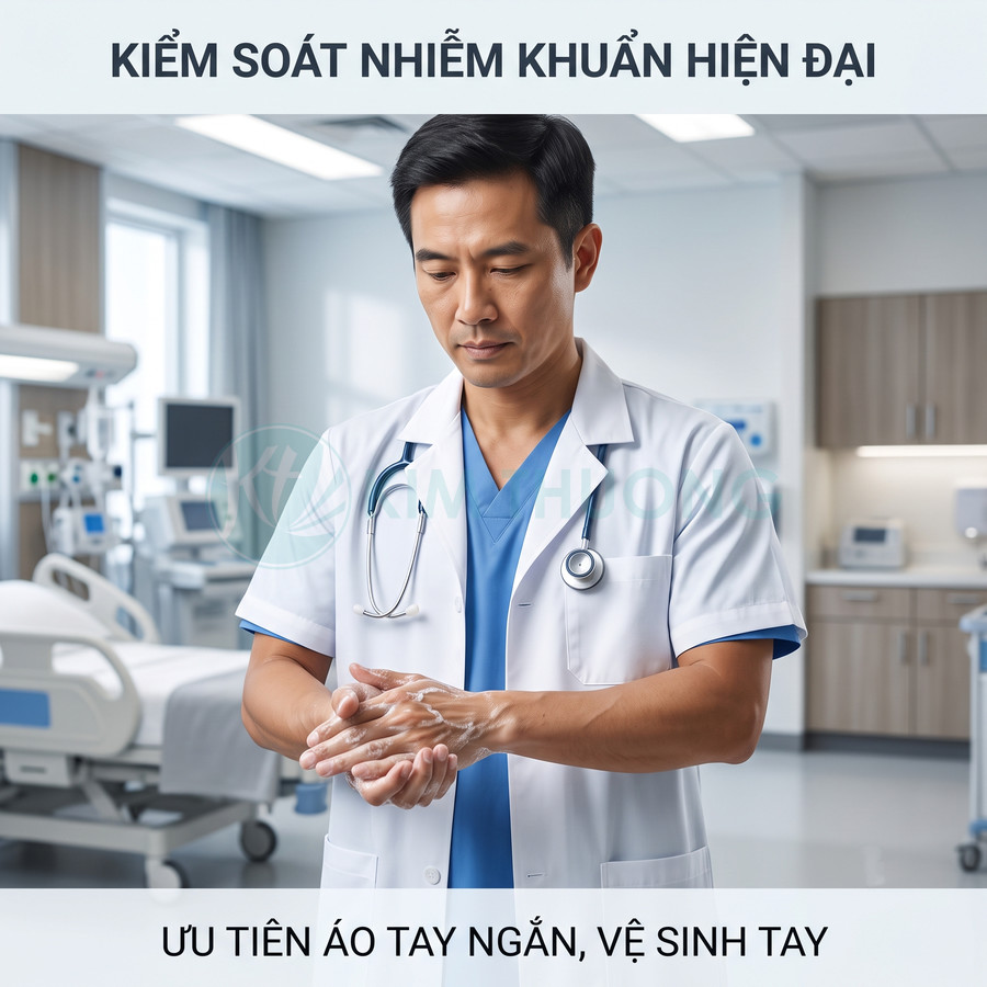 Bác sĩ mặc áo blouse tay ngắn rửa tay sát khuẩn trong phòng bệnh hiện đại