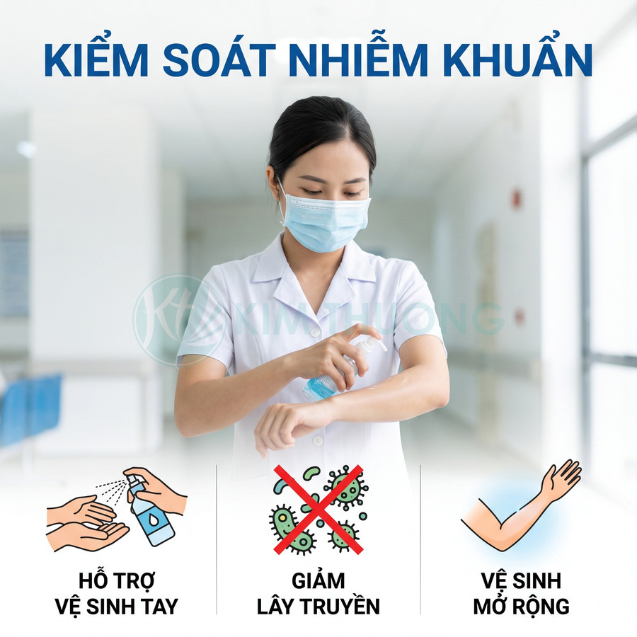 Nhân viên y tế đeo khẩu trang dùng chai xịt khử khuẩn tay và tay áo để kiểm soát nhiễm khuẩn