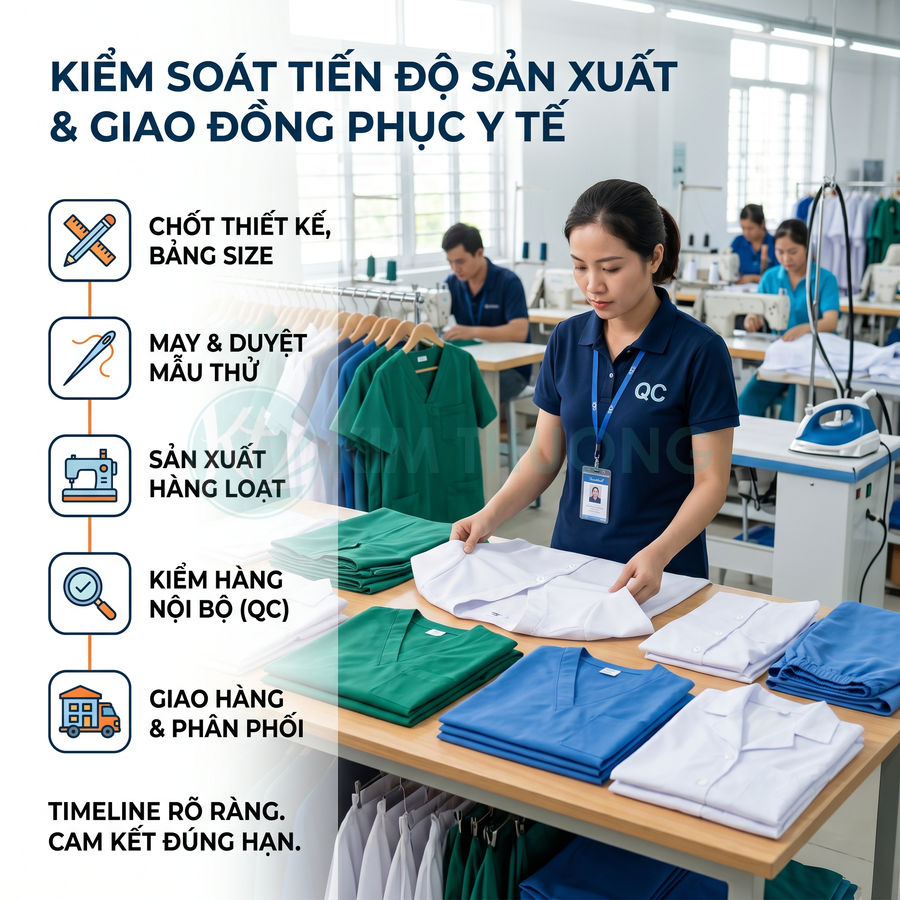 Nhân viên QC kiểm tra và gấp đồng phục y tế nhiều màu sắc trong xưởng may hiện đại