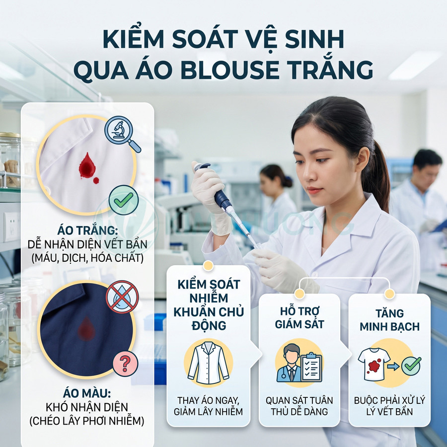 Nữ kỹ thuật viên phòng thí nghiệm mặc áo blouse trắng kiểm soát vệ sinh và vết bẩn khi làm việc