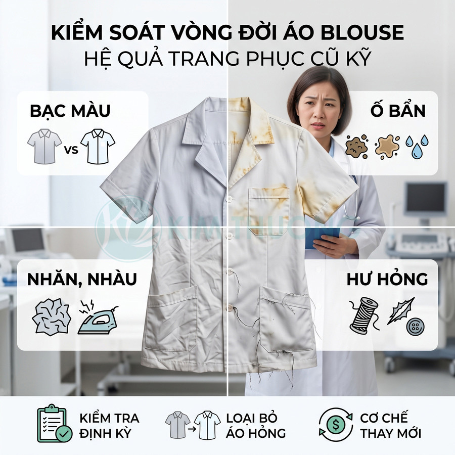 Áo blouse bác sĩ cũ bị bạc màu, ố bẩn, nhăn và rách trong phòng khám, minh họa quy trình kiểm soát vòng đời áo blouse