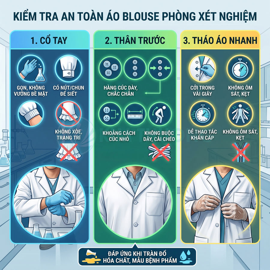 Hướng dẫn kiểm tra an toàn áo blouse phòng xét nghiệm với hình minh họa chi tiết cổ tay và thân áo