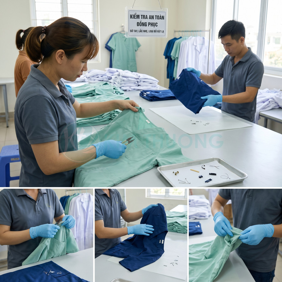 Nhân viên kiểm tra an toàn đồng phục y tế màu xanh trong xưởng may trước khi đóng gói