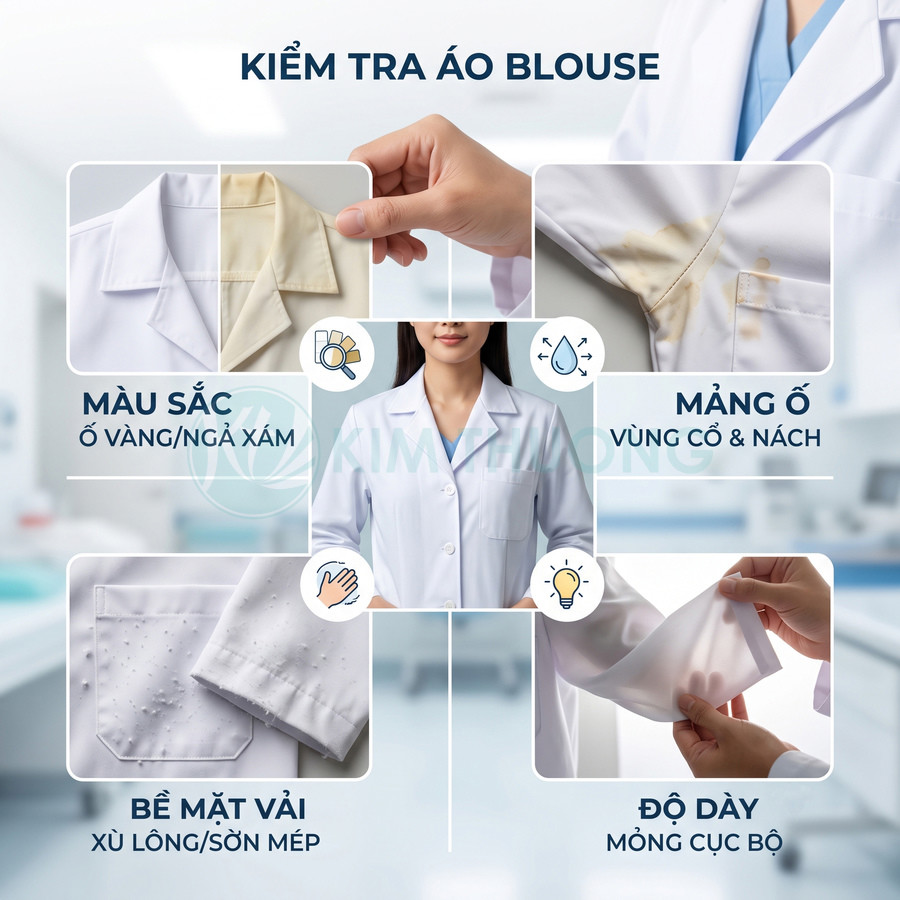 Áo blouse trắng y tế với các vùng ố vàng, bề mặt vải xù lông và kiểm tra độ dày chất liệu