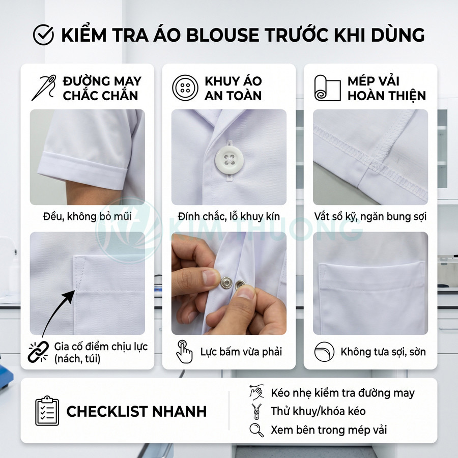 Áo blouse trắng được kiểm tra đường may, khuy áo, mép vải và các điểm chịu lực trước khi sử dụng