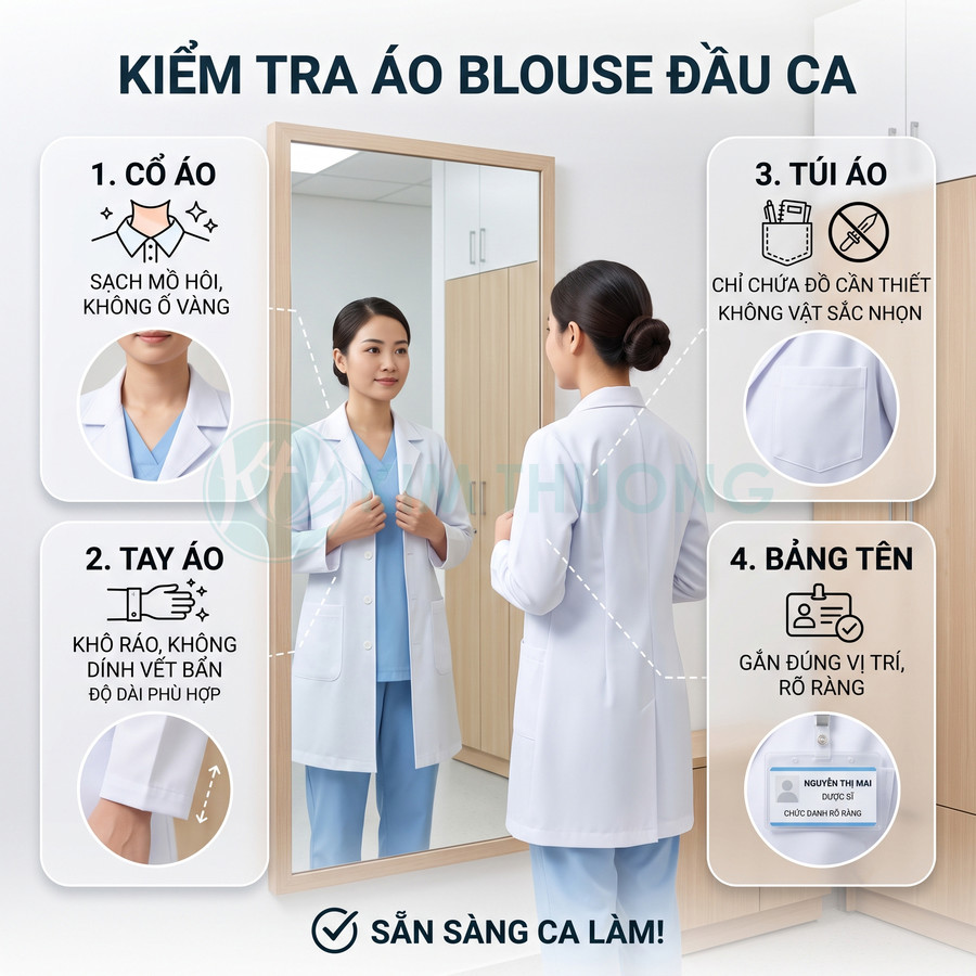 Nữ bác sĩ mặc áo blouse trắng đứng trước gương kiểm tra cổ áo tay áo túi áo và bảng tên trước ca làm
