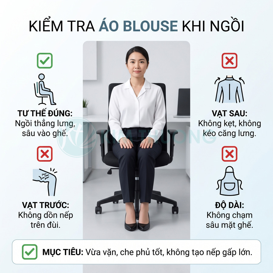 Hướng dẫn kiểm tra áo blouse khi ngồi, người mẫu mặc áo blouse trắng ngồi thẳng trên ghế văn phòng