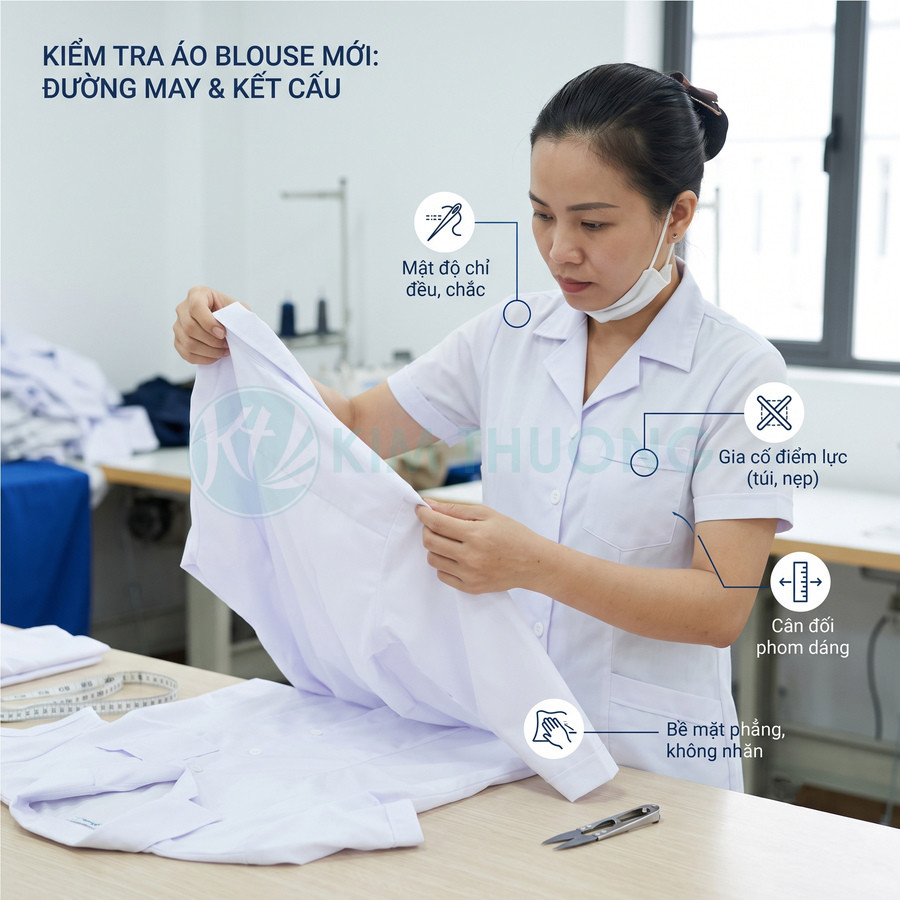 Nhân viên may mặc kiểm tra áo blouse trắng mới, chú ý đường may, bề mặt vải phẳng và phom dáng chuẩn