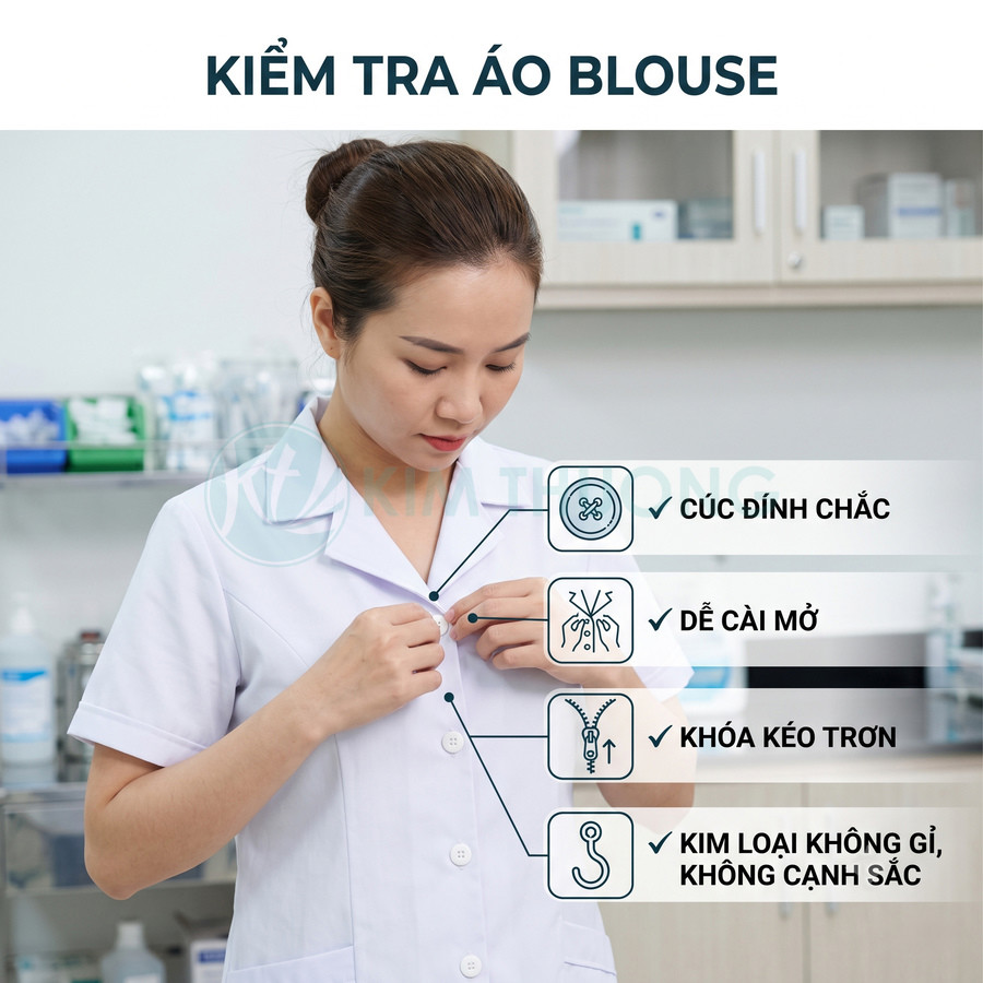 Nữ nhân viên y tế mặc áo blouse trắng cài cúc, kiểm tra chất lượng cúc và khóa kéo áo