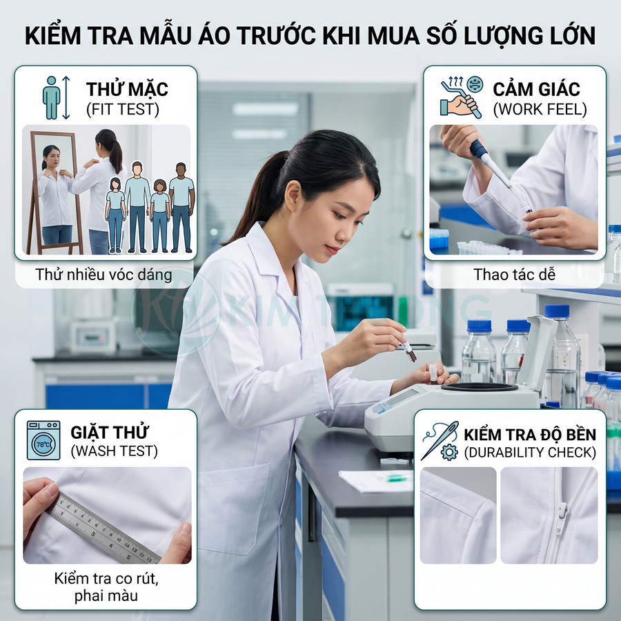 Áo blouse phòng thí nghiệm trắng cho nhân viên y tế được kiểm tra độ vừa vặn, cảm giác mặc, giặt thử và độ bền