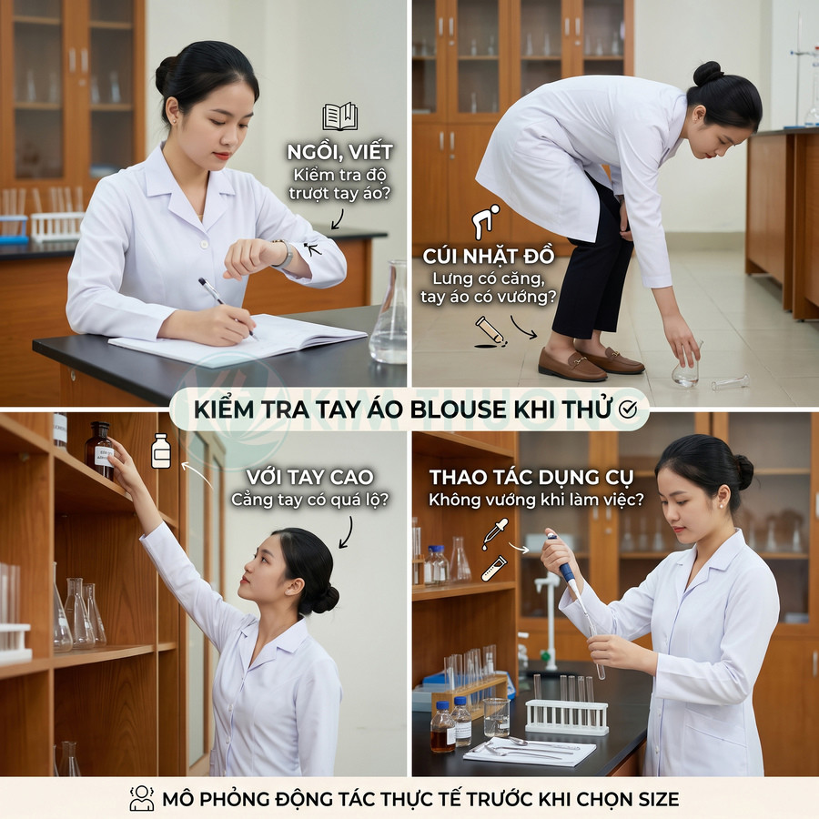 Nữ kỹ thuật viên mặc áo blouse trắng kiểm tra cử động tay khi làm việc trong phòng thí nghiệm