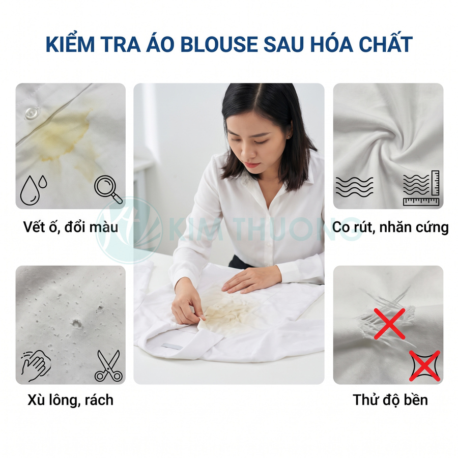 Người phụ nữ kiểm tra áo blouse trắng sau hóa chất, xem vết ố, đổi màu, co rút, xù lông, rách và độ bền vải