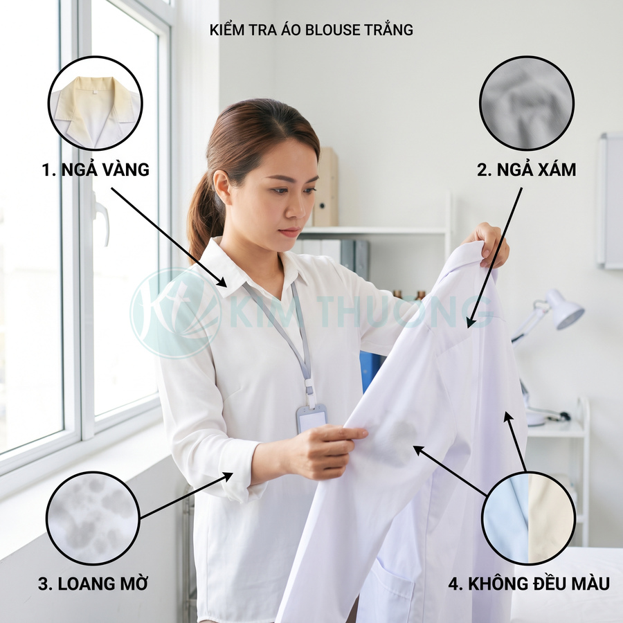 Nhân viên y tế kiểm tra áo blouse trắng bị ngả vàng, ngả xám, loang mờ và không đều màu
