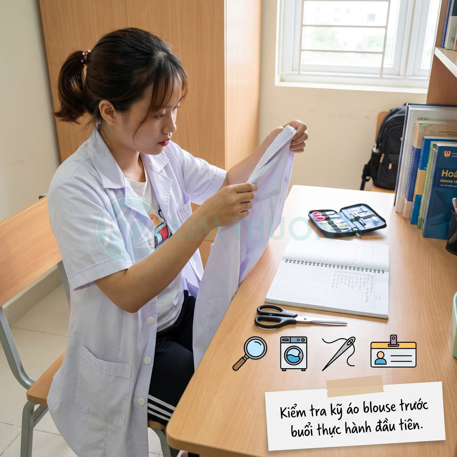 Nữ sinh kiểm tra áo blouse trắng trước buổi thực hành đầu tiên
