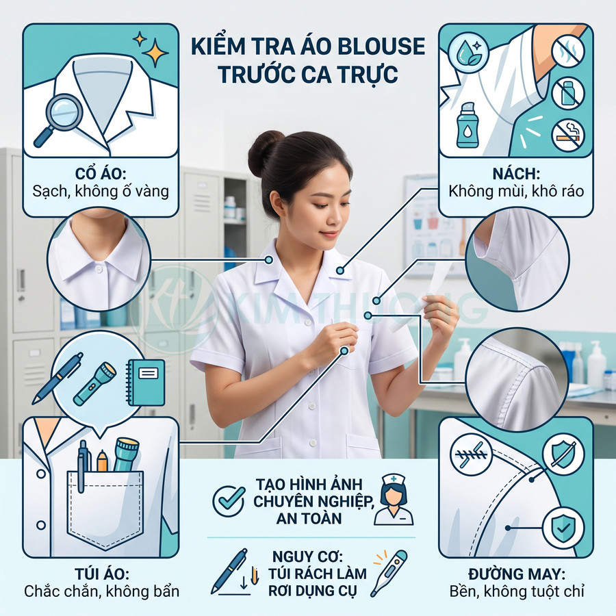 Hướng dẫn kiểm tra áo blouse y tế sạch sẽ, túi áo chắc chắn, đường may bền trước khi vào ca trực