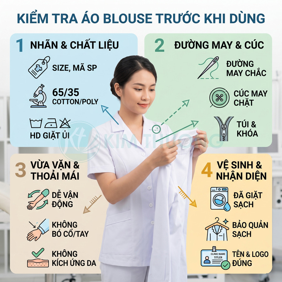 Nữ nhân viên y tế mặc áo blouse trắng kiểm tra chất liệu và đường may áo blouse trong phòng khám