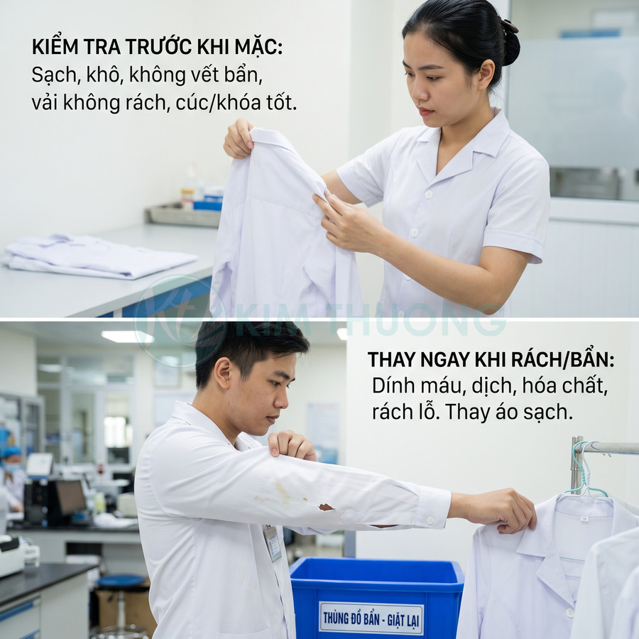 Nhân viên y tế kiểm tra và thay áo blouse trắng sạch, không rách bẩn trong phòng thí nghiệm