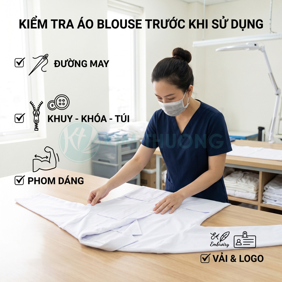 Nhân viên y tế kiểm tra áo blouse trắng trên bàn, chú ý đường may, khuy khóa túi, phom dáng và vải logo