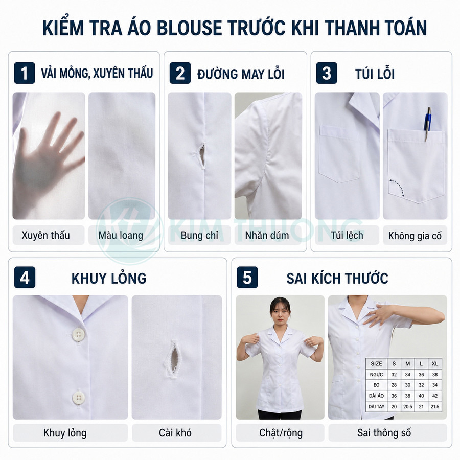 Hướng dẫn kiểm tra áo blouse y tế trước khi thanh toán với các lỗi vải, đường may, túi, khuy và kích thước