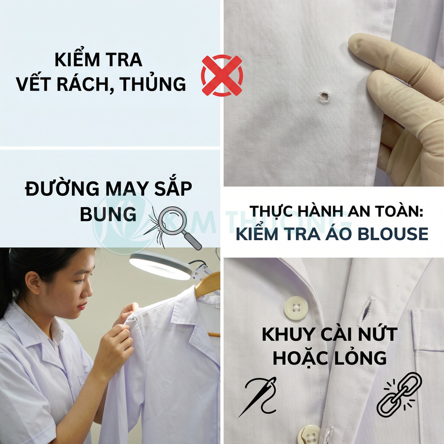 Nhân viên kiểm tra áo blouse trắng, chú ý vết rách, đường may và khuy cài bị lỏng hoặc bung.