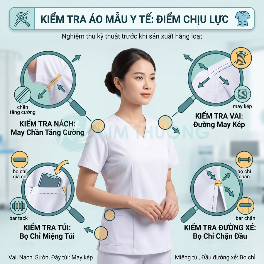 Đồng phục y tá màu trắng với các vị trí đường may tăng cường và kiểm tra kỹ thuật chịu lực