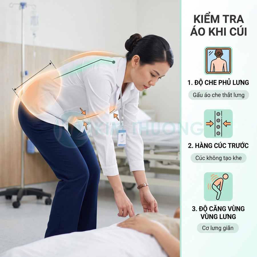 Áo blouse y tế nữ màu trắng thiết kế che phủ lưng tốt khi cúi, hàng cúc kín, co giãn thoải mái