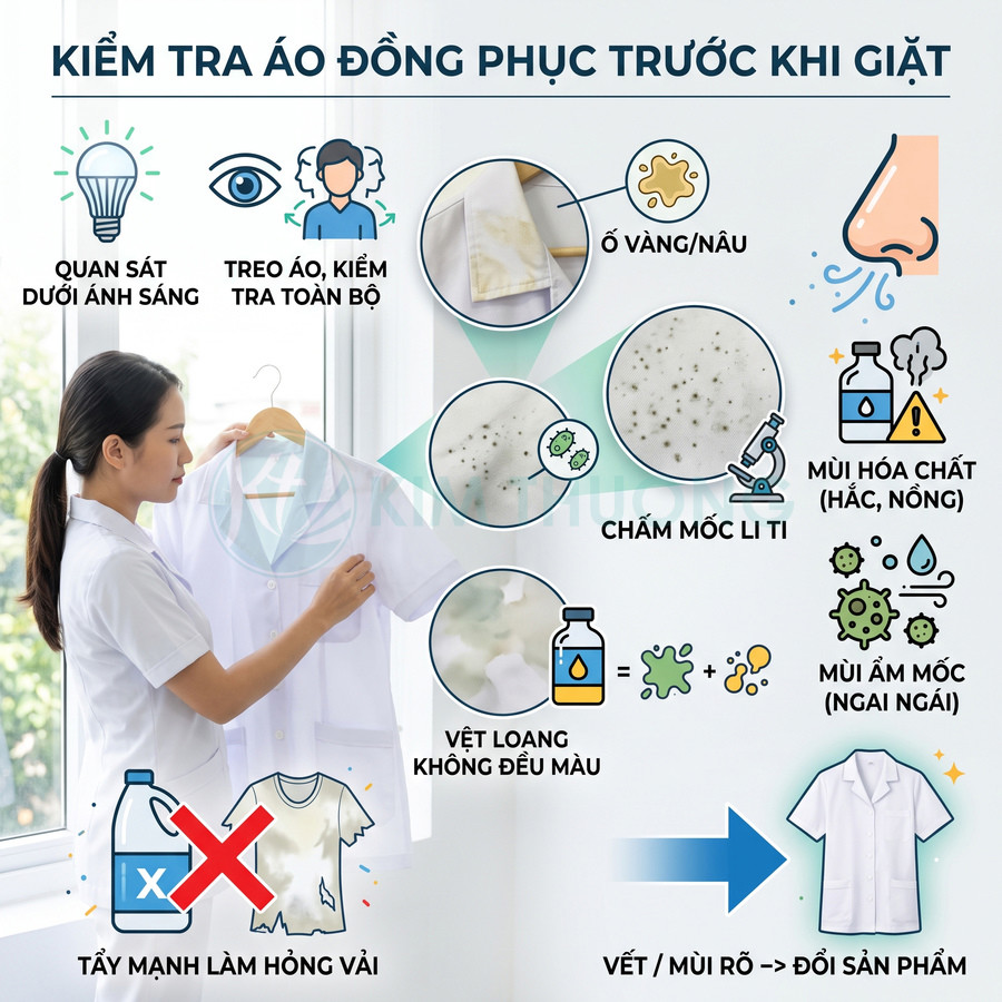Hướng dẫn kiểm tra áo đồng phục trắng trước khi giặt để phát hiện ố vàng, mốc, vết loang và mùi lạ
