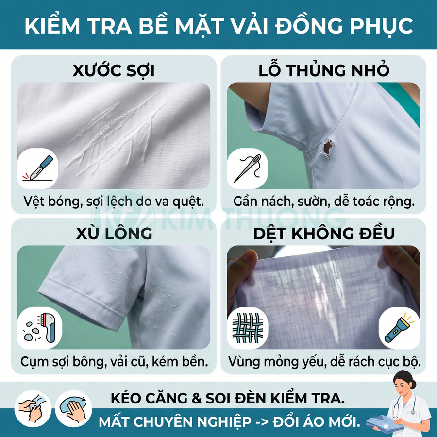 Hướng dẫn kiểm tra bề mặt vải đồng phục với các lỗi xước sợi, lỗ thủng nhỏ, xù lông và dệt không đều