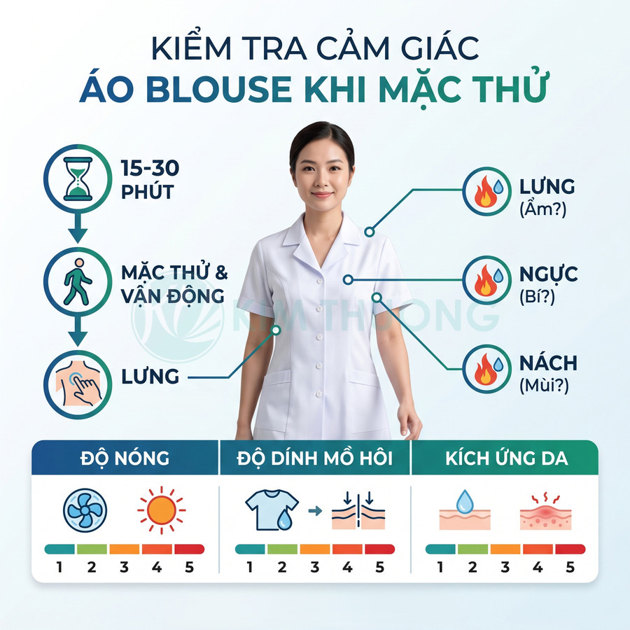 Nữ nhân viên y tế mặc áo blouse trắng đứng thẳng, minh họa các tiêu chí kiểm tra độ nóng và thoáng khí của áo