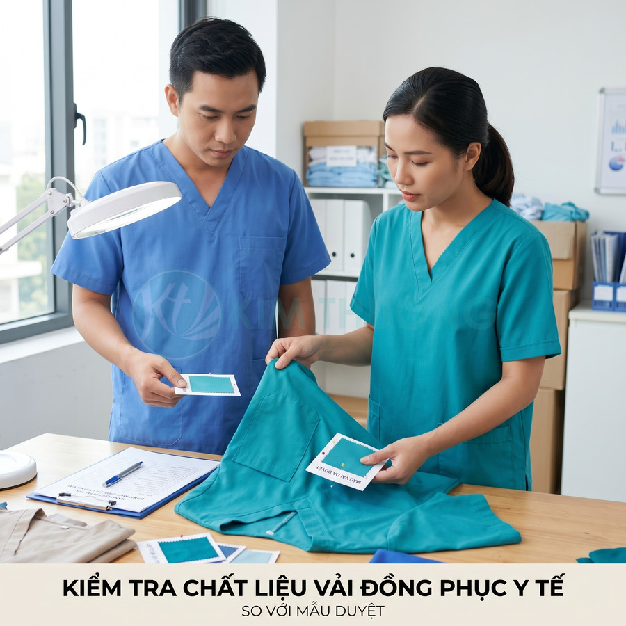 Nhân viên y tế kiểm tra chất liệu và màu vải đồng phục y tế trên bàn làm việc