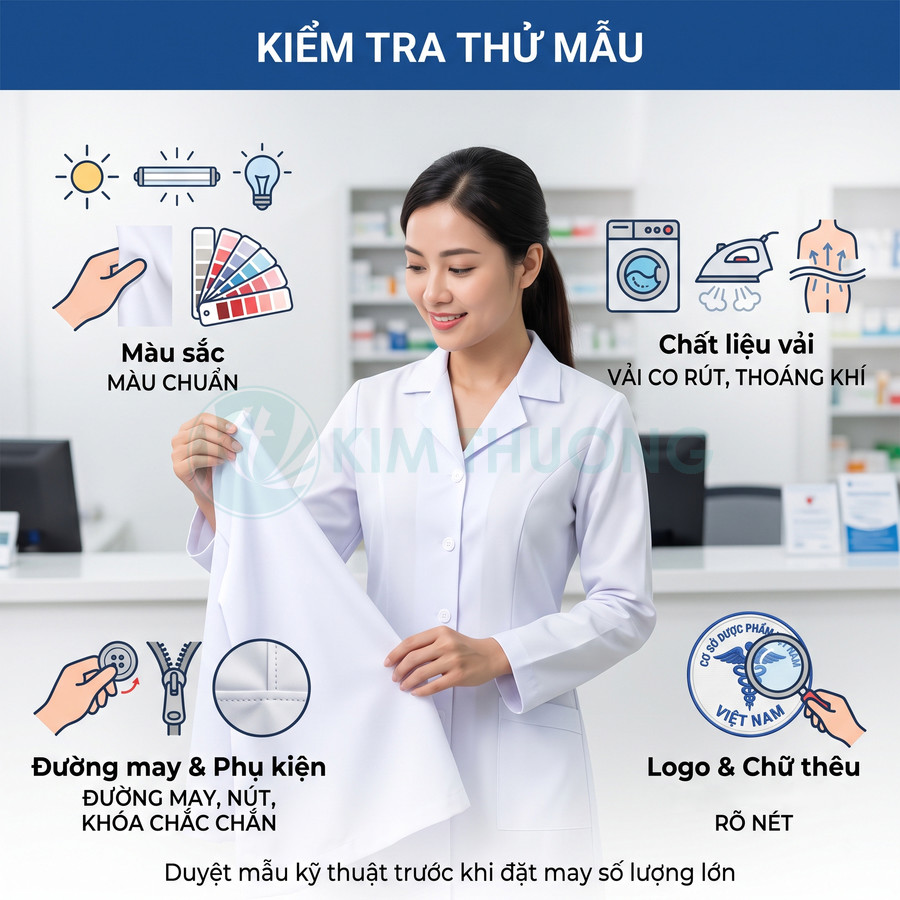 Nhân viên mặc áo blouse trắng kiểm tra mẫu vải áo đồng phục y tế về màu sắc, chất liệu và đường may
