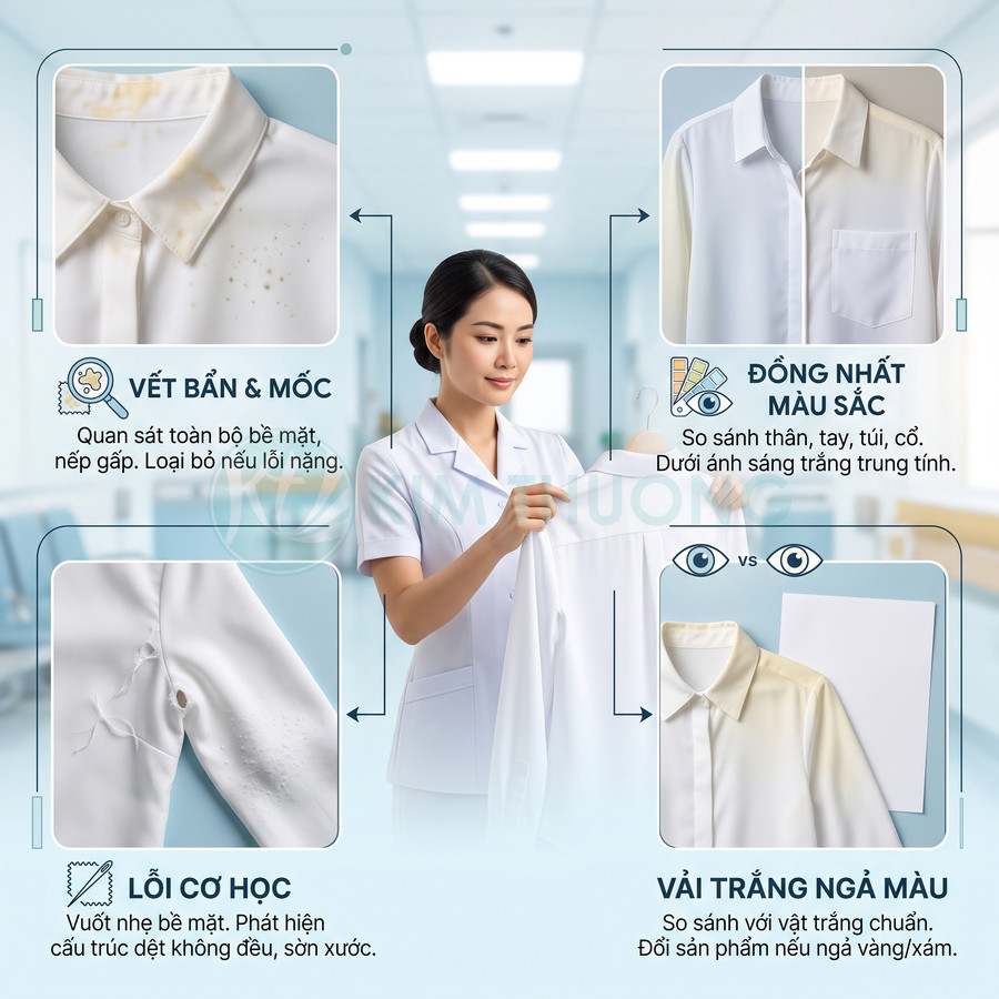 Nhân viên kiểm tra áo sơ mi trắng trên móc, so sánh vết bẩn, lỗi vải và độ đồng nhất màu sắc