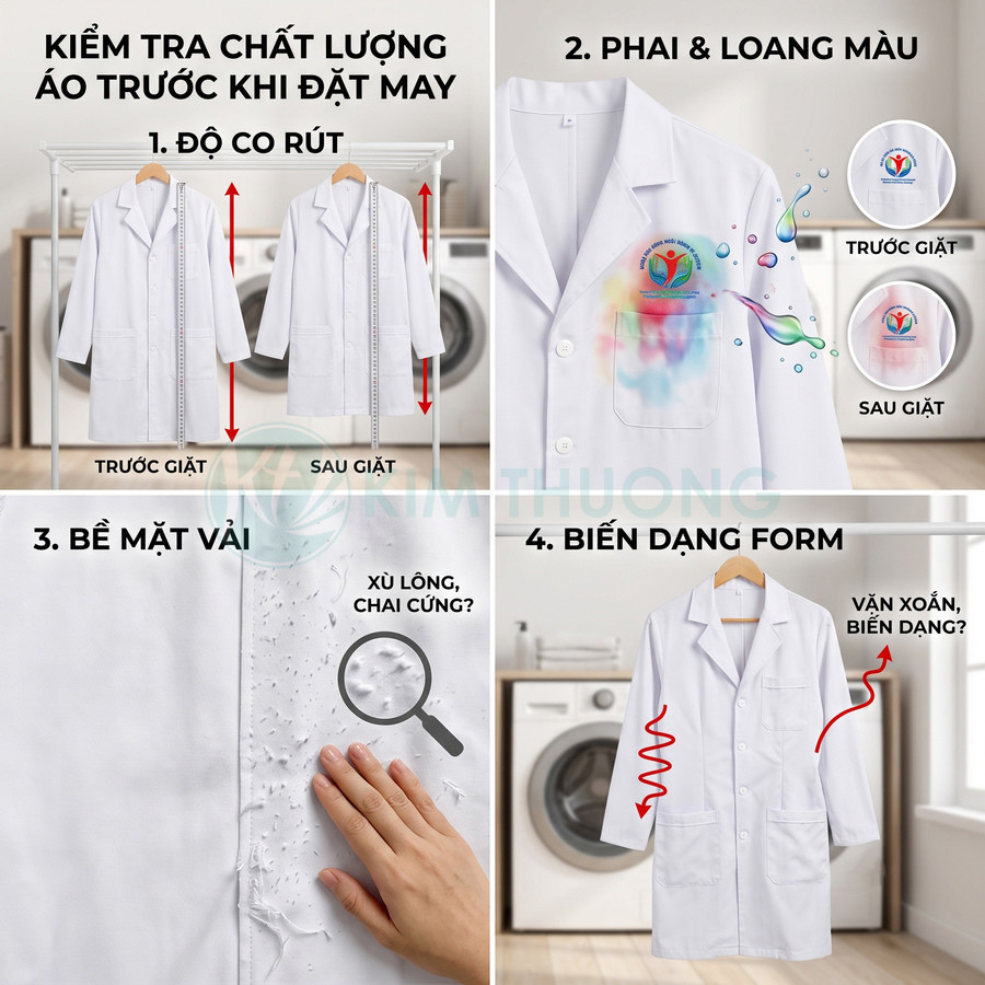 Hướng dẫn kiểm tra chất lượng áo blouse trắng trước khi may như co rút, phai màu, bề mặt vải và biến dạng form