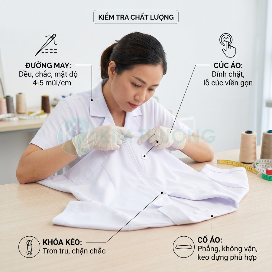 Nhân viên kiểm tra chất lượng áo blouse trắng với đường may, khóa kéo, cúc áo và cổ áo tỉ mỉ