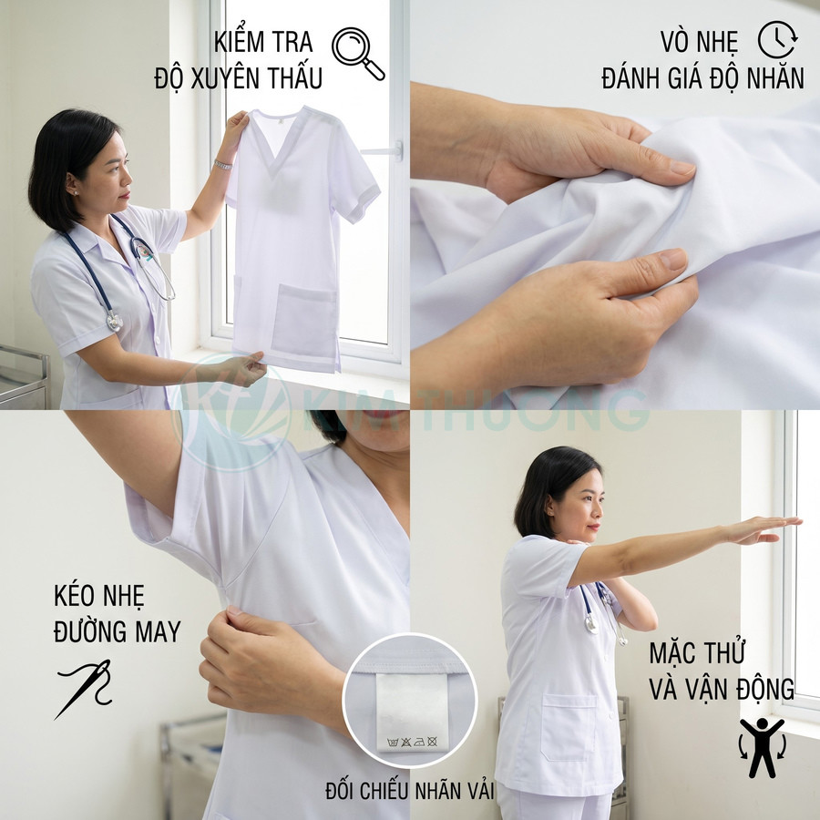 Áo blouse bác sĩ màu trắng tay ngắn, có túi trước và cổ chữ V, được kiểm tra độ xuyên thấu, đường may và độ nhăn.