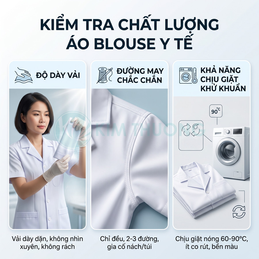 Áo blouse y tế trắng vải dày, đường may chắc chắn, chịu giặt khử khuẩn nhiệt độ cao