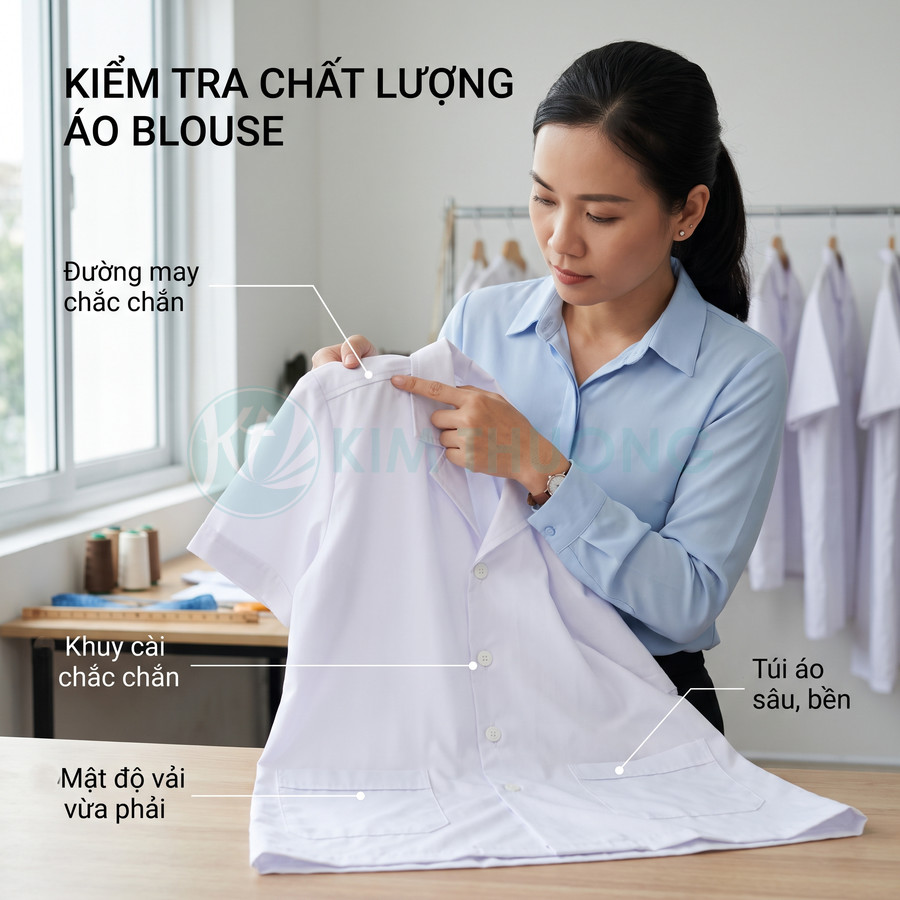 Nhân viên kiểm tra chất lượng áo blouse trắng với đường may, khuy cài và túi áo chắc chắn
