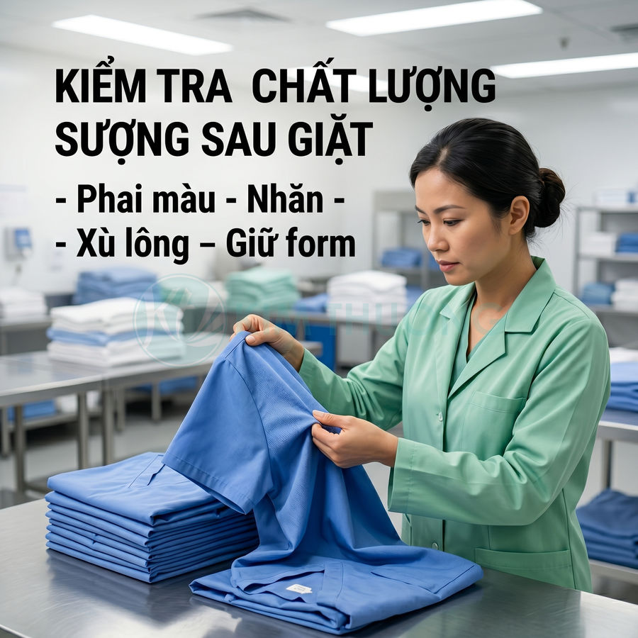 Nhân viên giặt là kiểm tra chất lượng áo đồng phục màu xanh sau giặt trên bàn xếp đồ sạch