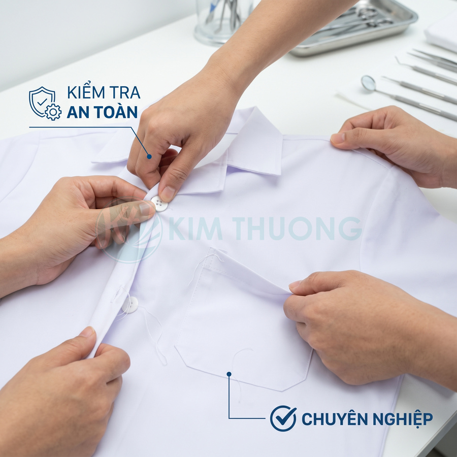 Áo blouse trắng được kiểm tra cúc áo và túi, nhấn mạnh độ an toàn và quy trình hoàn thiện chuyên nghiệp