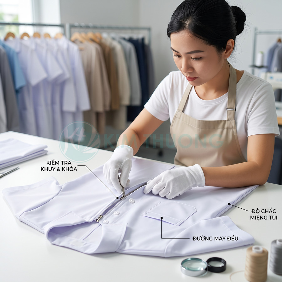 Nhân viên kiểm tra chất lượng áo sơ mi trắng đồng phục với khóa kéo, khuy và đường may trên bàn làm việc