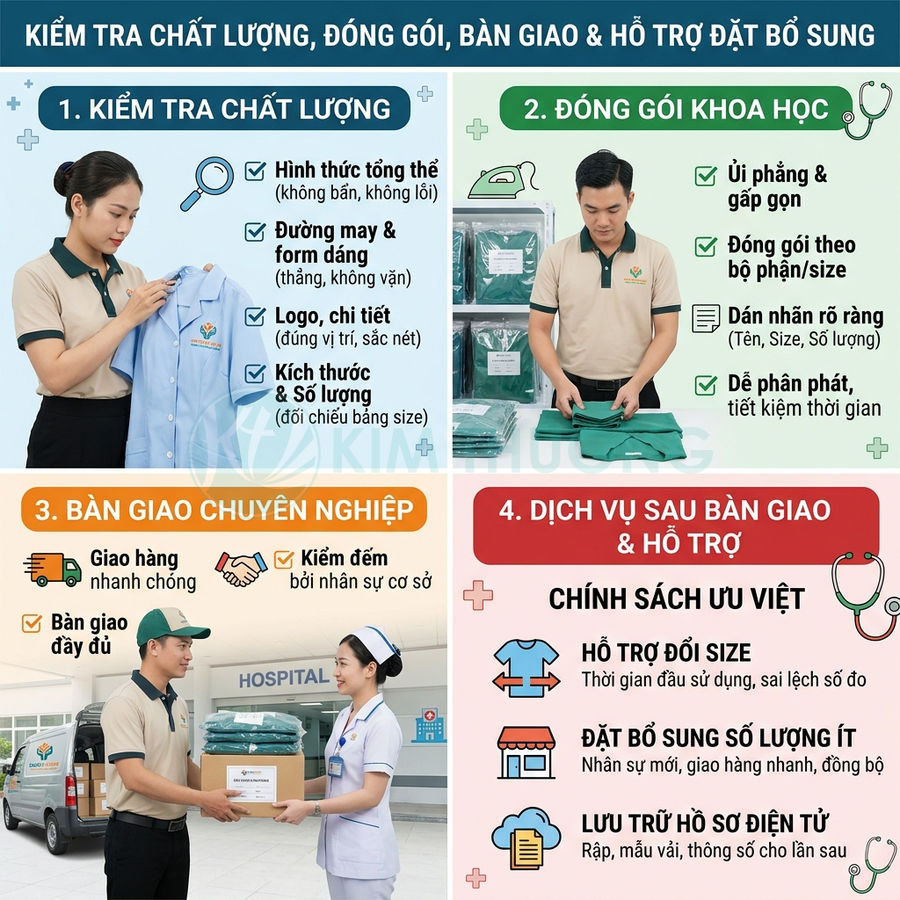 Quy trình kiểm tra chất lượng, đóng gói và bàn giao đồng phục y tế Kim Hường cho bệnh viện