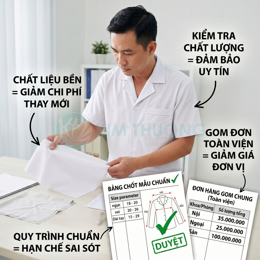 Nhân viên kiểm tra chất lượng vải may áo blouse bệnh viện với bảng size và đơn hàng gom chung