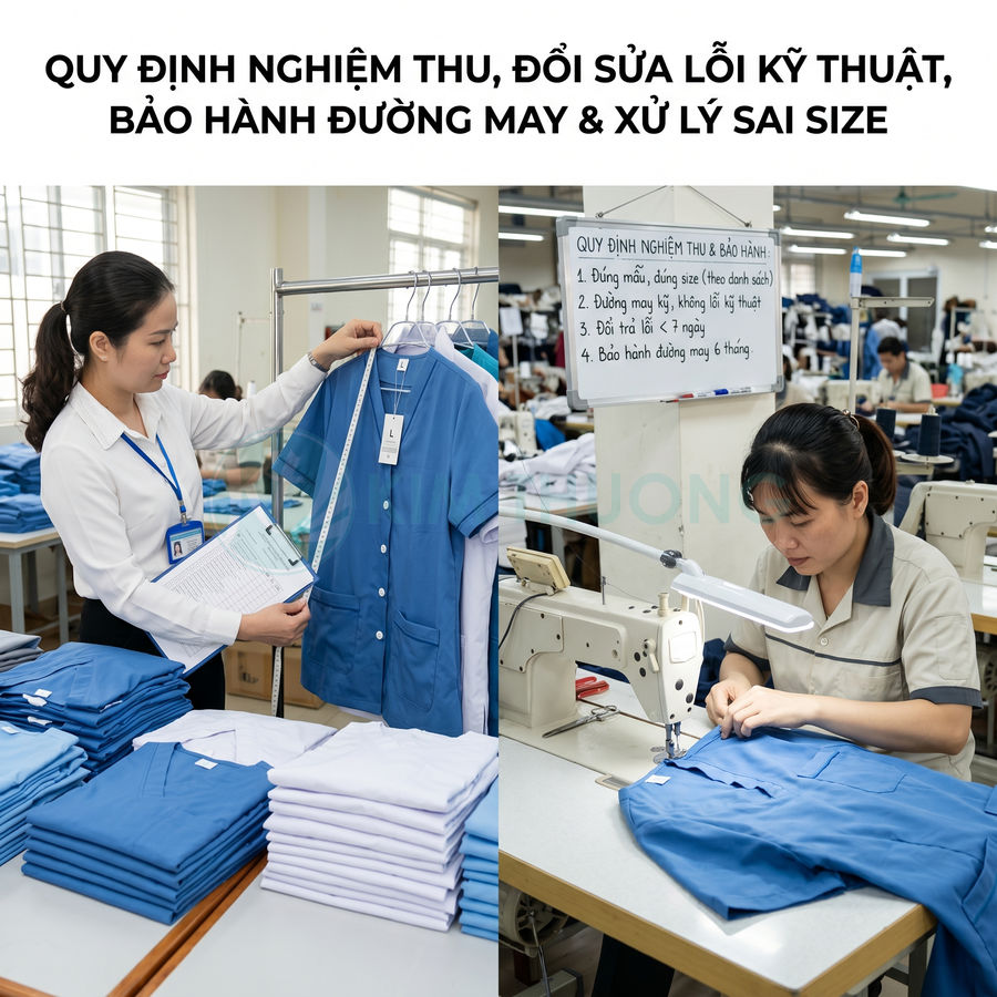 Nhân viên kiểm tra và may đồng phục y tế màu xanh trong xưởng may chuyên nghiệp