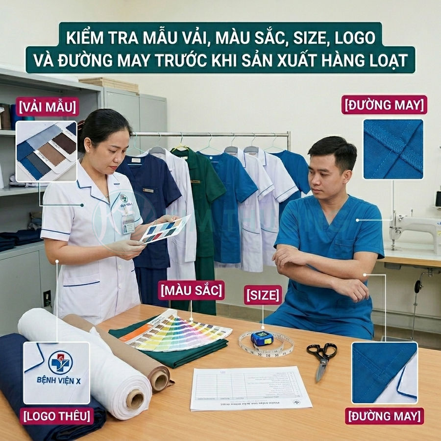 Nhân viên kiểm tra mẫu vải, màu sắc, size và logo trên đồng phục y tế trước khi sản xuất hàng loạt