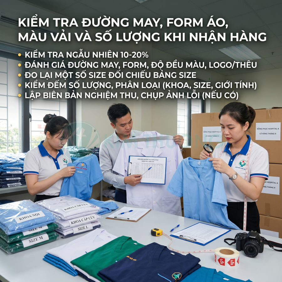 Nhân viên kiểm tra chất lượng và số lượng đồng phục bệnh viện màu xanh trước khi bàn giao