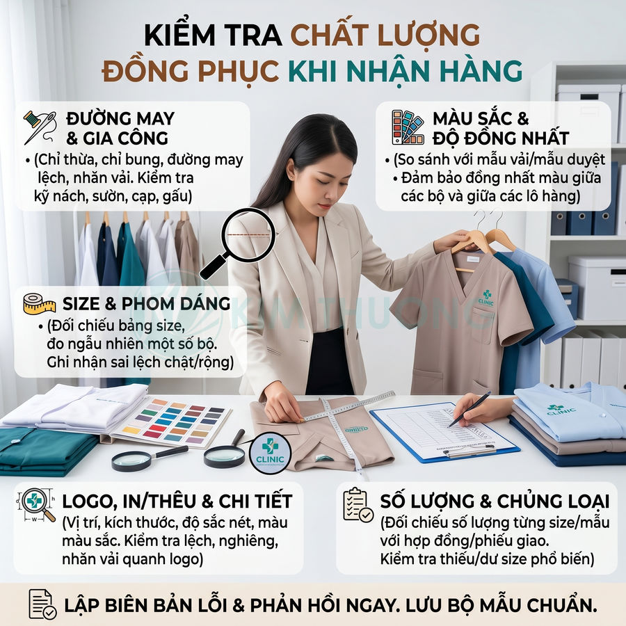 Nhân viên kiểm tra chất lượng đồng phục y tế với thước dây, bảng màu vải và áo in logo clinic trên bàn